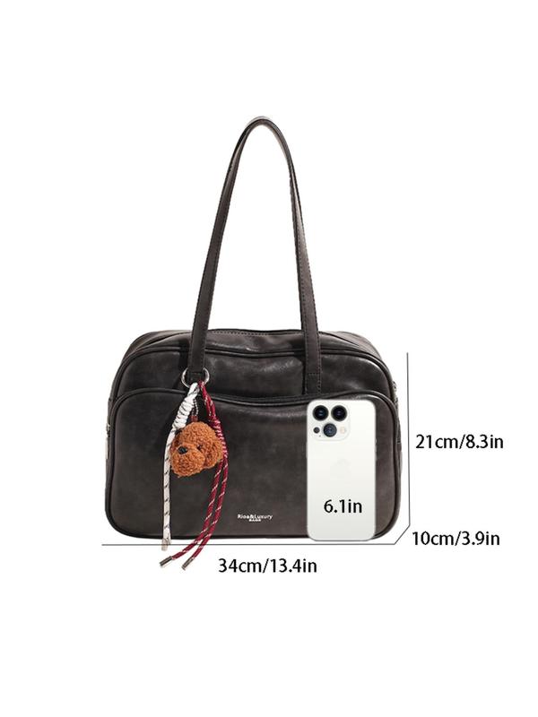 Women's Solid Color Tote Bag, with Cartoon Puppy Bag Charm, Fashionable Large Capacity Shoulder Bag for Daily Used, Casual Trendy Versatile High-quality Daily Commuting Bag