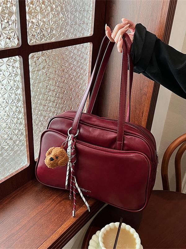 Women's Solid Color Tote Bag, with Cartoon Puppy Bag Charm, Fashionable Large Capacity Shoulder Bag for Daily Used, Casual Trendy Versatile High-quality Daily Commuting Bag