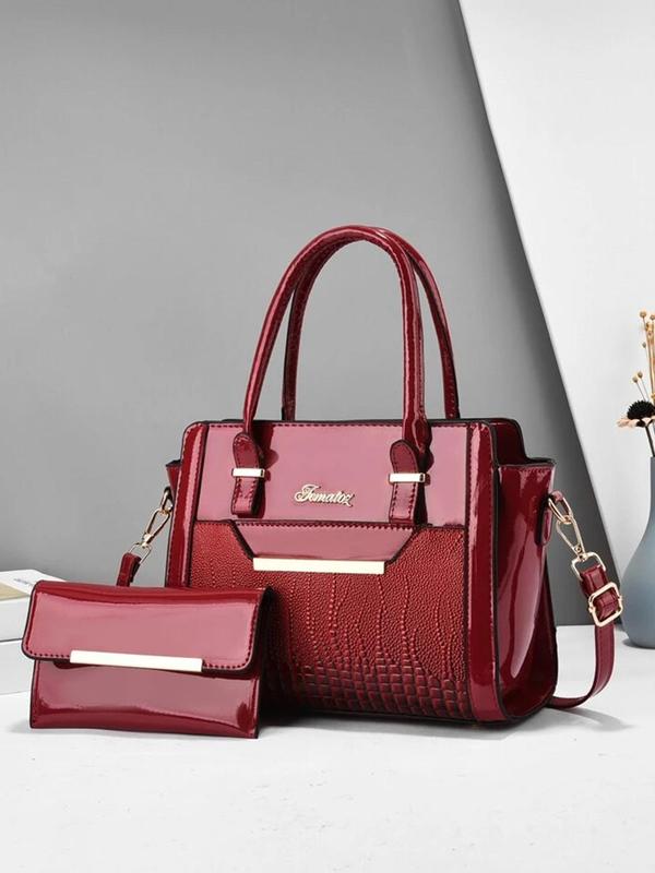 Crocodile Embossed Bag Set As Gift, High Capacity Pu Tote Bag with Letter Design & Simple Style Clutch Wallet Bag, Elegant Trendy Bag Set for Work & Daily