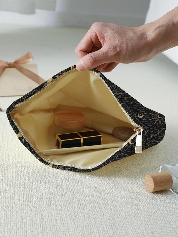 Star & Moon Pattern Makeup Bag, Corduroy Lightweight Multi-functional Cosmetic Bag, Zipper Makeup Organizer Pouch for Travel, Storage Bag