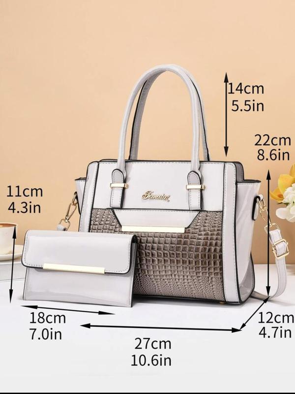 Crocodile Embossed Bag Set As Gift, High Capacity Pu Tote Bag with Letter Design & Simple Style Clutch Wallet Bag, Elegant Trendy Bag Set for Work & Daily