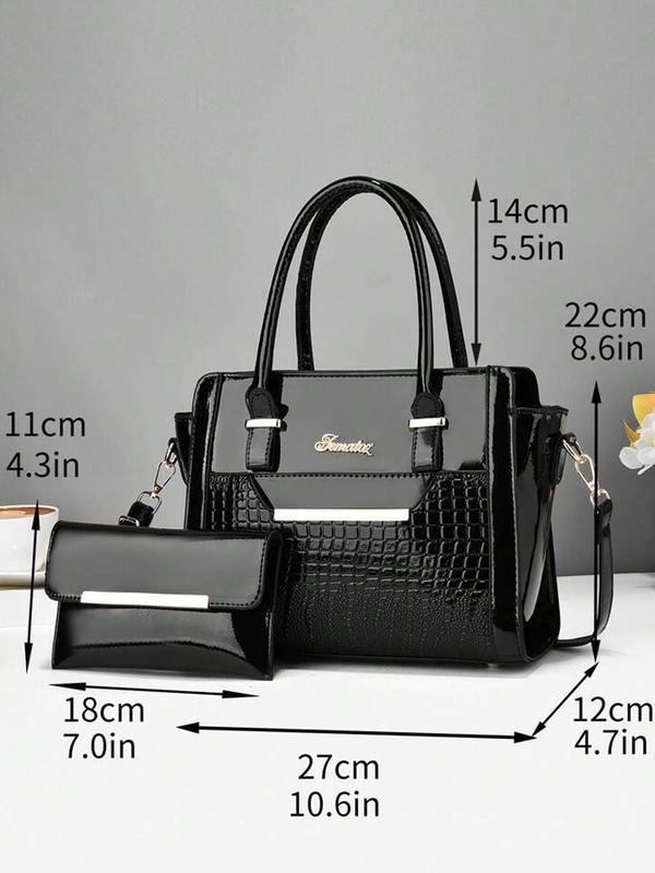 Crocodile Embossed Bag Set As Gift, High Capacity Pu Tote Bag with Letter Design & Simple Style Clutch Wallet Bag, Elegant Trendy Bag Set for Work & Daily