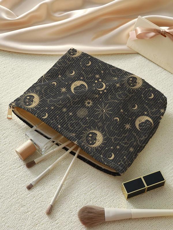 Star & Moon Pattern Makeup Bag, Corduroy Lightweight Multi-functional Cosmetic Bag, Zipper Makeup Organizer Pouch for Travel, Storage Bag