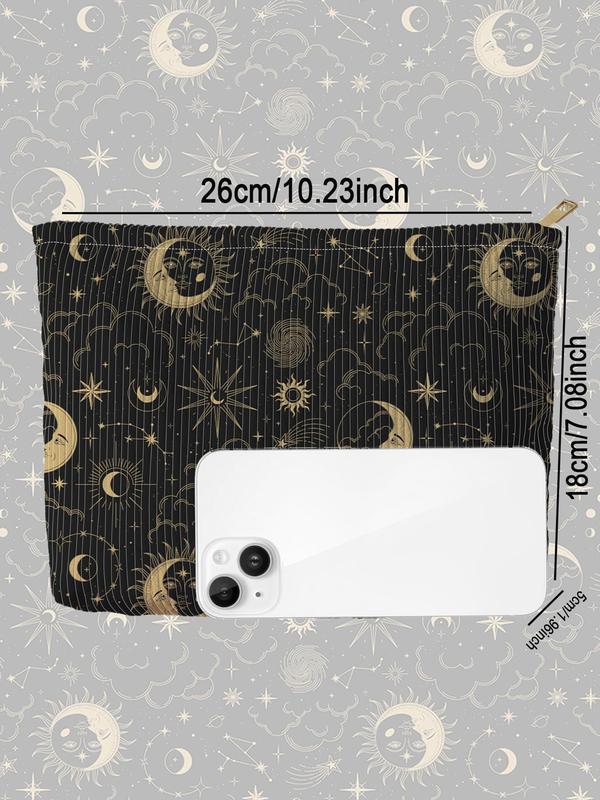 Star & Moon Pattern Makeup Bag, Corduroy Lightweight Multi-functional Cosmetic Bag, Zipper Makeup Organizer Pouch for Travel, Storage Bag