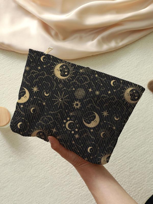 Star & Moon Pattern Makeup Bag, Corduroy Lightweight Multi-functional Cosmetic Bag, Zipper Makeup Organizer Pouch for Travel, Storage Bag