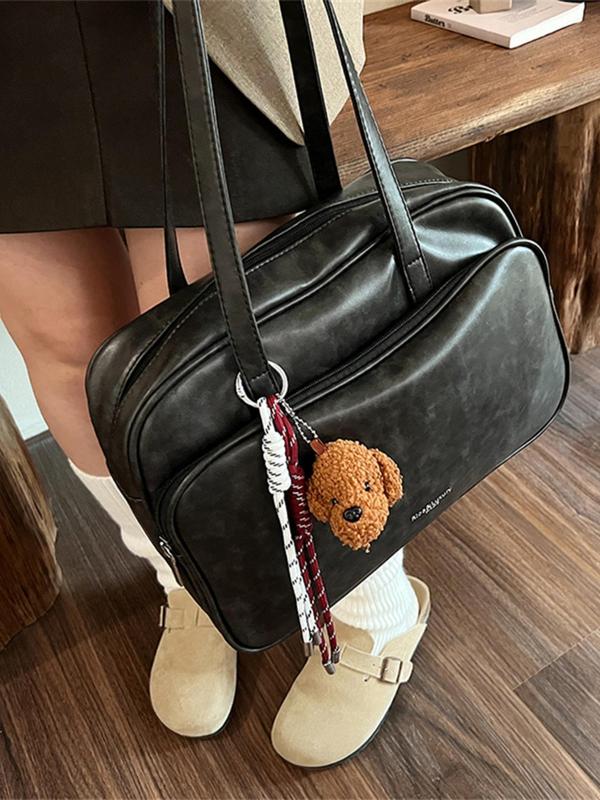 Women's Solid Color Tote Bag, with Cartoon Puppy Bag Charm, Fashionable Large Capacity Shoulder Bag for Daily Used, Casual Trendy Versatile High-quality Daily Commuting Bag