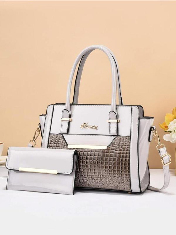 Crocodile Embossed Bag Set As Gift, High Capacity Pu Tote Bag with Letter Design & Simple Style Clutch Wallet Bag, Elegant Trendy Bag Set for Work & Daily