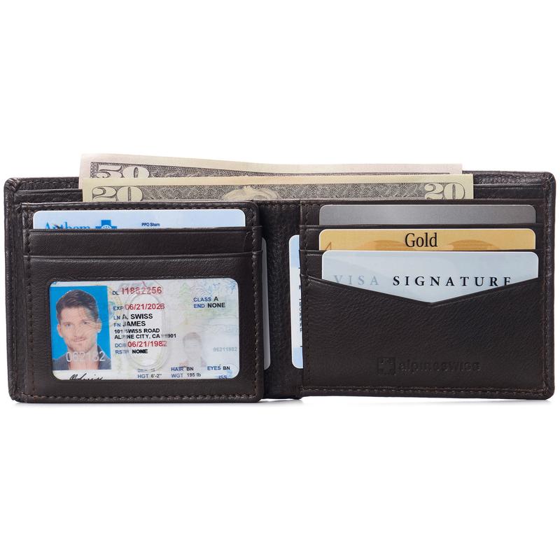 Alpine Swiss RFID Protected Mens Spencer Leather Wallet Bifold 2 ID Windows Divided Bill Section Comes in Gift Box