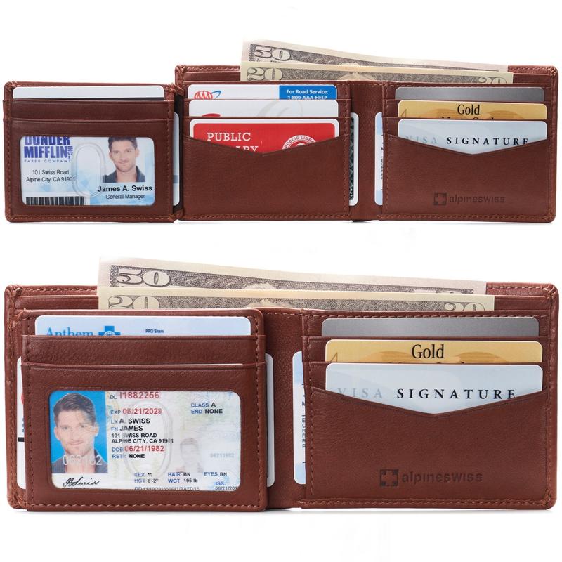 Alpine Swiss RFID Protected Mens Spencer Leather Wallet Bifold 2 ID Windows Divided Bill Section Comes in Gift Box