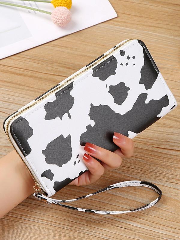 Women's Trendy Matching Cow Print Long Wallet, Casual Zipper Wallet for Daily Used, Simple All-match Wristlet Bag for Women & Girls