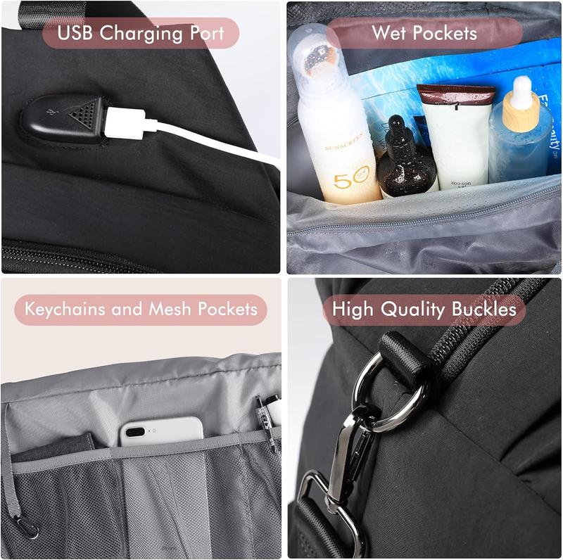 KooKoomia Travel Bag with Shoe Compartment USB Charging Port, Yoga Mat Pocket, Trolley Sleeve, Carry on Overnight Hospital Duffel Weekender Bag,Gym Bag  for Women, Black