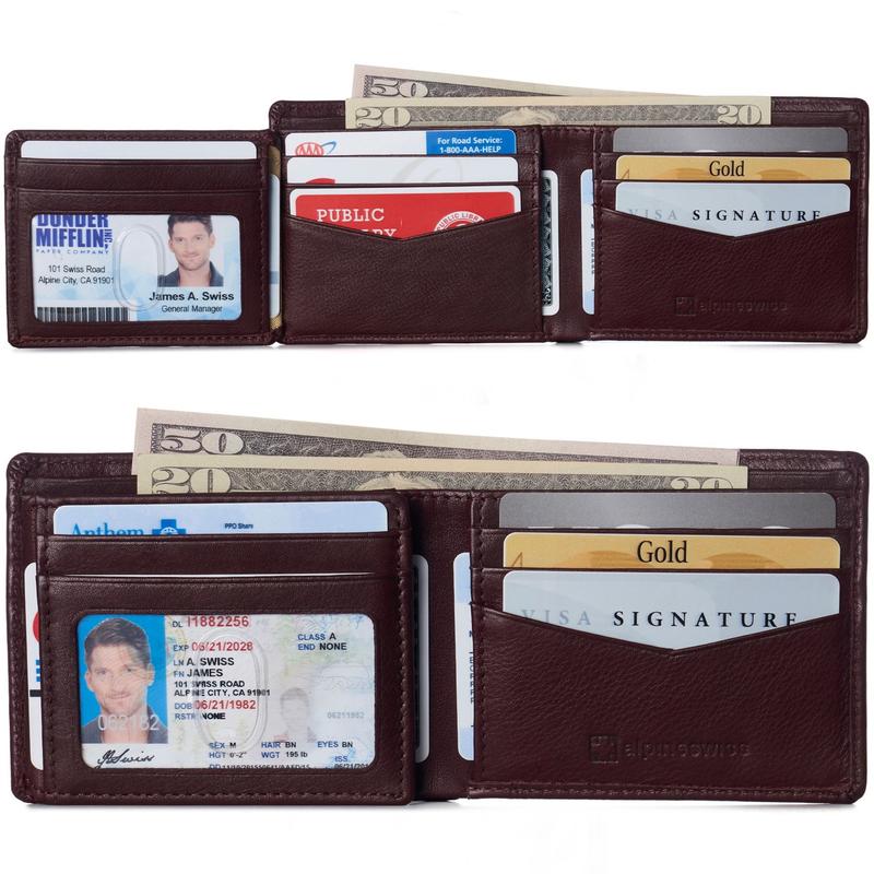 Alpine Swiss RFID Protected Mens Spencer Leather Wallet Bifold 2 ID Windows Divided Bill Section Comes in Gift Box