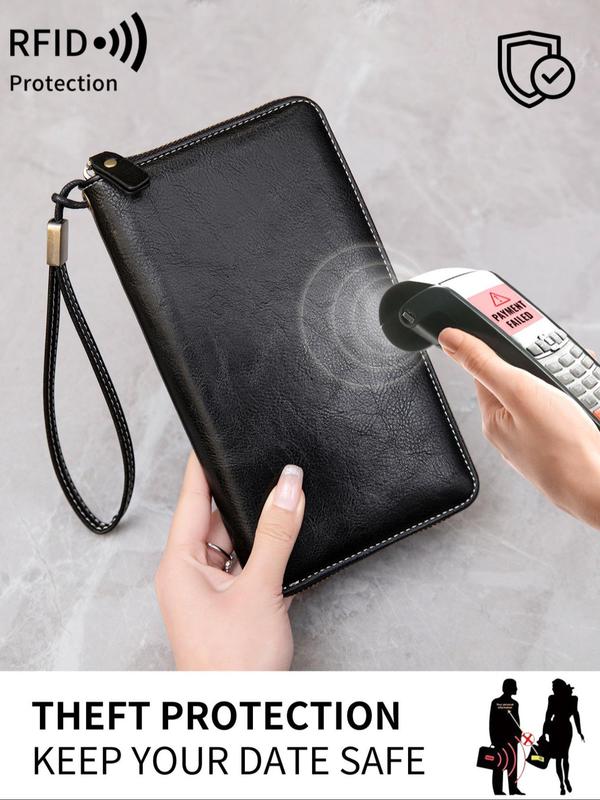 Women's Simple Plain RFID Blocking Long Wallet, Multi Card Slot Zipper Wallet, Fashionable Large Capacity Bifold Wallet, Retro Coin Purse