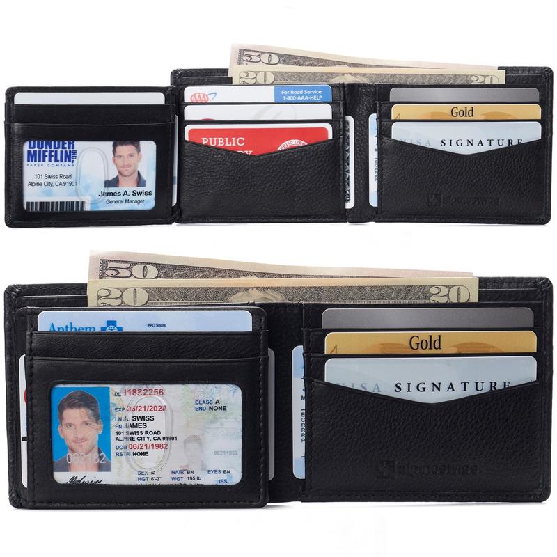 Alpine Swiss RFID Protected Mens Spencer Leather Wallet Bifold 2 ID Windows Divided Bill Section Comes in Gift Box