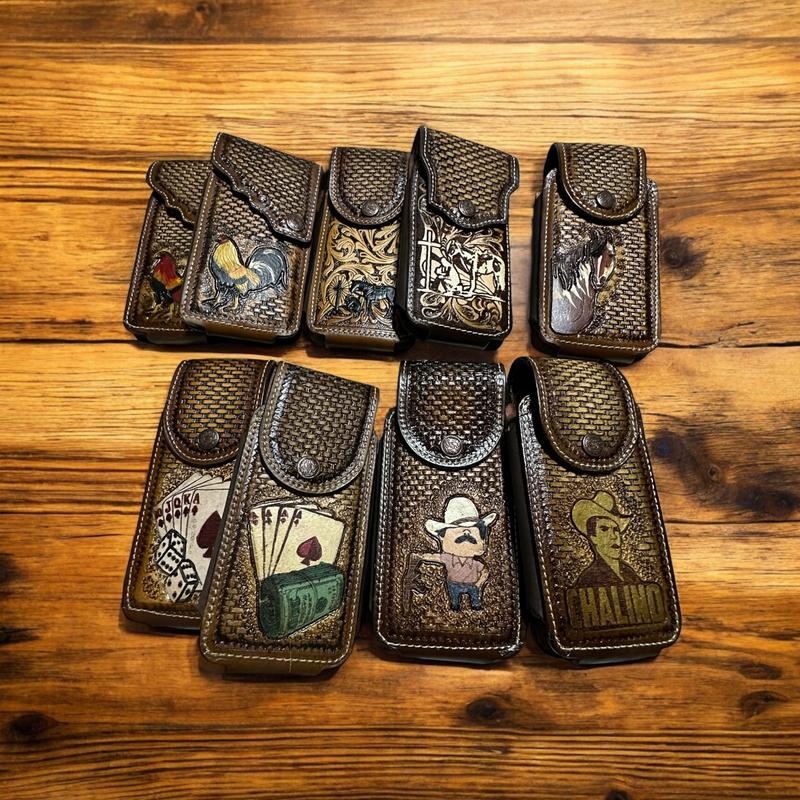 Western Leather Phone Belt Holster Black Cowboy Praying Cell Phone Case Phone Pouch Hand Tooled Handmade in Mexico Cowboy High End Case for iPhone Samsung Universal
