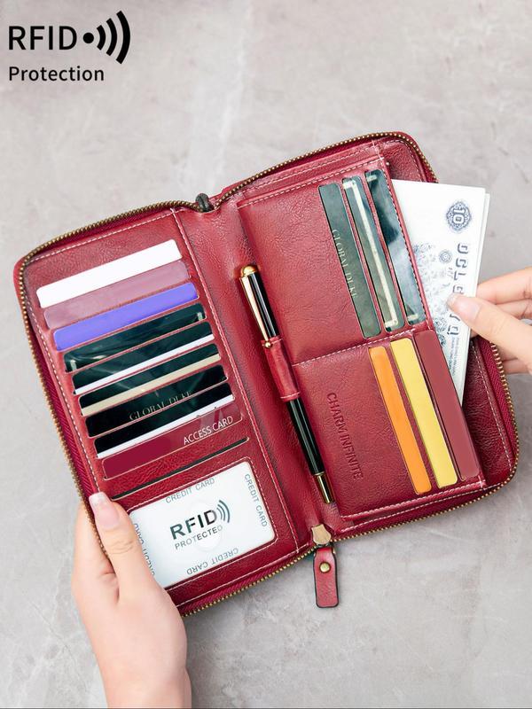 Women's Simple Plain RFID Blocking Long Wallet, Multi Card Slot Zipper Wallet, Fashionable Large Capacity Bifold Wallet, Retro Coin Purse