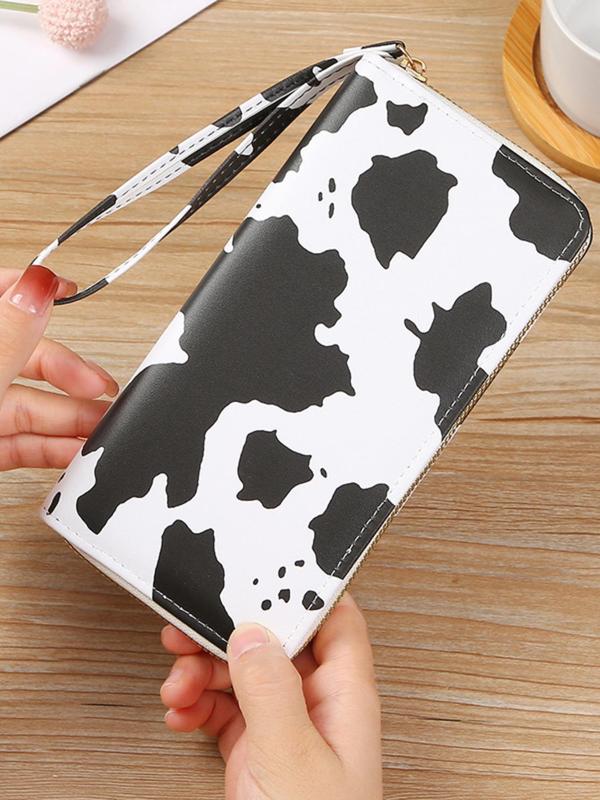 Women's Trendy Matching Cow Print Long Wallet, Casual Zipper Wallet for Daily Used, Simple All-match Wristlet Bag for Women & Girls