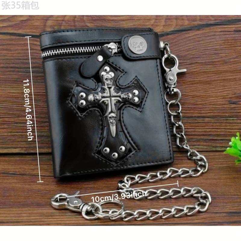 Vintage Black Leather Slim Fold Wallet with Punk Skulls Cross Design and Jeans Long Key Chain - PU Material