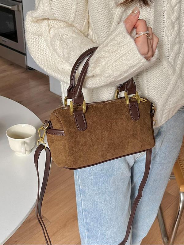 Women's Solid Color Flannelette Handbag, Fashionable Large Capacity Boston Bag for Work & Daily Used, Casual Trendy Versatile High-quality Daily Commuting Bag