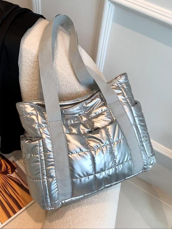Women's Solid Color Quilted Puffer Tote Bag, Fashionable Large Capacity Shoulder Bag for Daily Commute, Casual Trendy Versatile High-quality Daily Commuting Bag