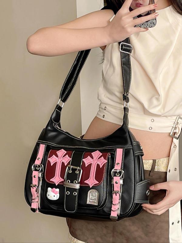 Women's Fashionable Colorblock Crossbody Bag, Punk Style Shoulder Bag with Bag Charm, Casual Trendy Versatile High-quality Daily Commuting Bag