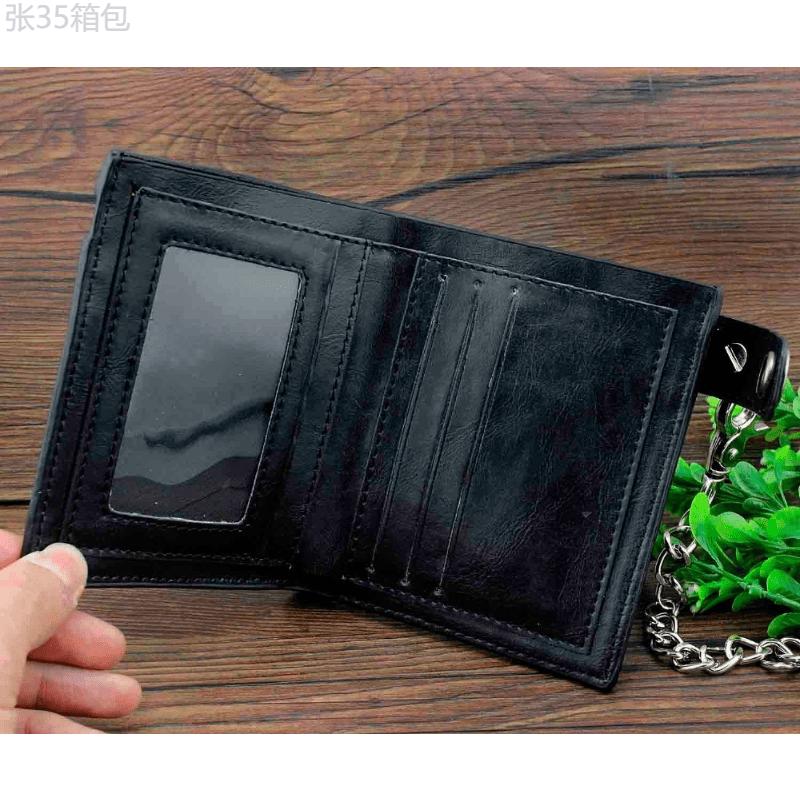 Vintage Black Leather Slim Fold Wallet with Punk Skulls Cross Design and Jeans Long Key Chain - PU Material