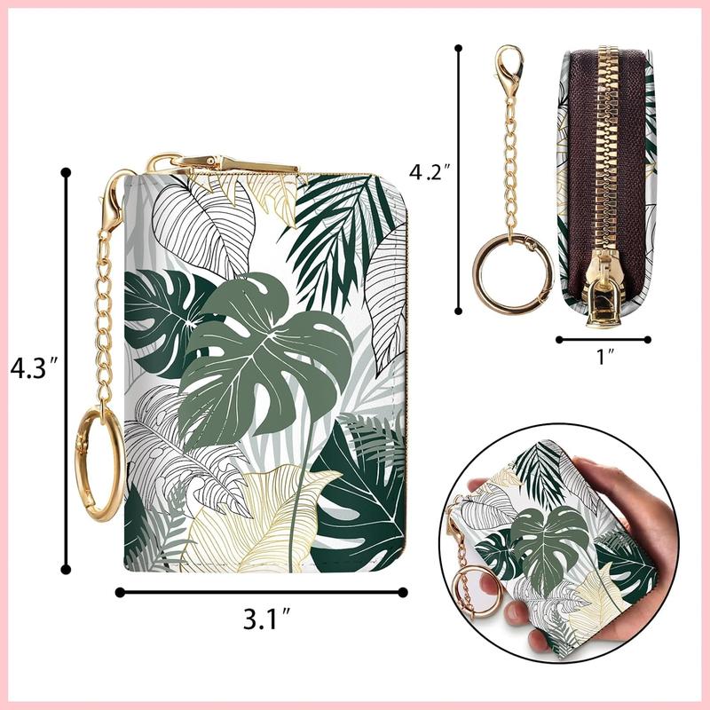 Credit Card Holder for Women, Tropical Leaves Abstract Small RFID Wallet with Zipper, Card Keychain Wallet, Leather Card Case, Business RFID Blocking