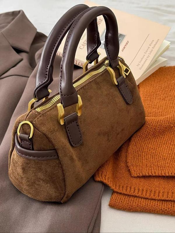 Women's Solid Color Flannelette Handbag, Fashionable Large Capacity Boston Bag for Work & Daily Used, Casual Trendy Versatile High-quality Daily Commuting Bag
