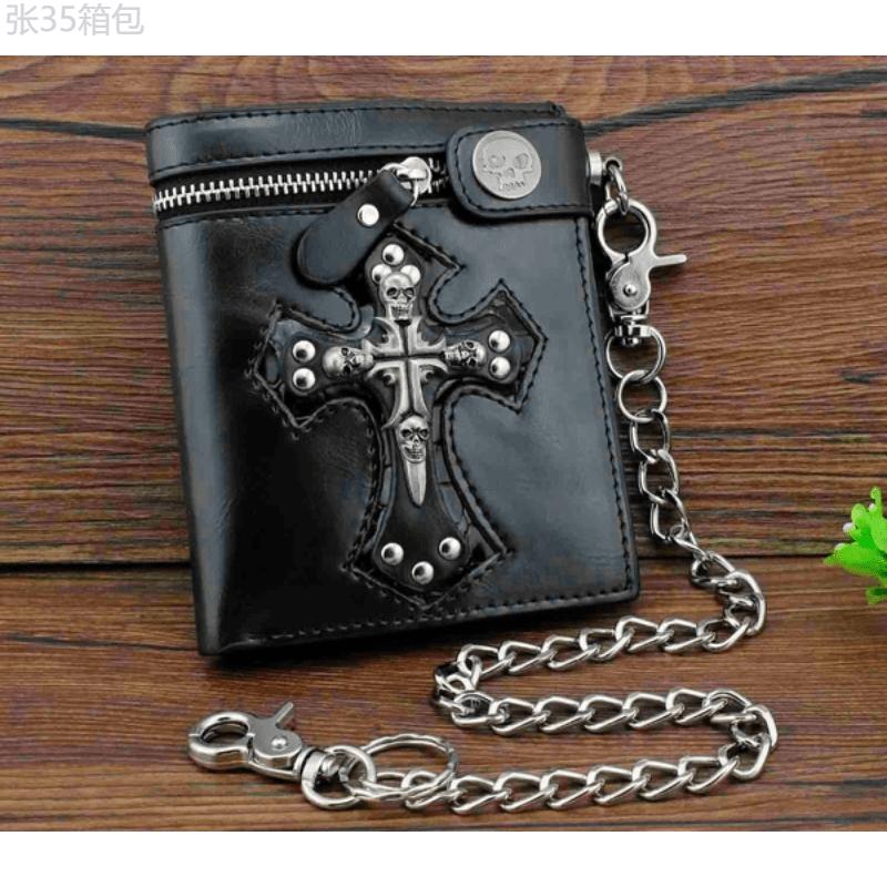 Vintage Black Leather Slim Fold Wallet with Punk Skulls Cross Design and Jeans Long Key Chain - PU Material