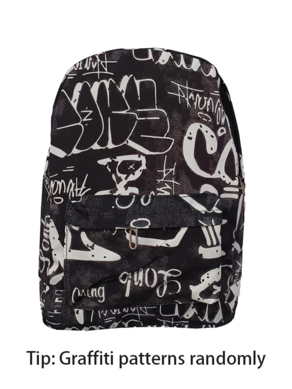 Fashion Letter Random Graphic Print Nylon Backpack, Casual Large Capacity Student School Bag, Trendy Street Zipper Classic Backpack