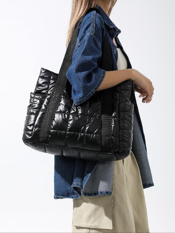 Women's Solid Color Quilted Puffer Tote Bag, Fashionable Large Capacity Shoulder Bag for Daily Commute, Casual Trendy Versatile High-quality Daily Commuting Bag