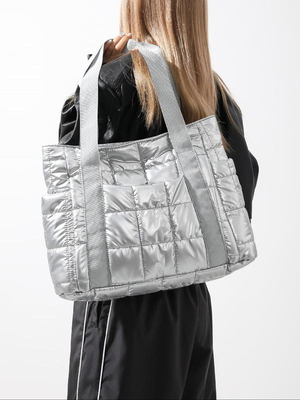 Women's Solid Color Quilted Puffer Tote Bag, Fashionable Large Capacity Shoulder Bag for Daily Commute, Casual Trendy Versatile High-quality Daily Commuting Bag