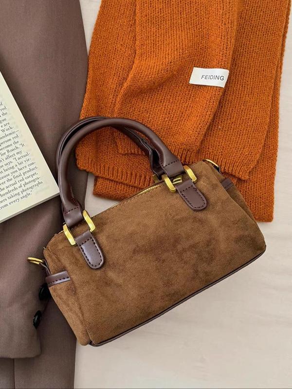 Women's Solid Color Flannelette Handbag, Fashionable Large Capacity Boston Bag for Work & Daily Used, Casual Trendy Versatile High-quality Daily Commuting Bag