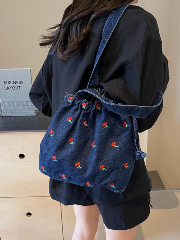 Women's Cherry Pattern Denim Shoulder Bag, Casual Large Capacity Tote Bag for Daily Used, Trendy All-match Bag for Commuters and Students