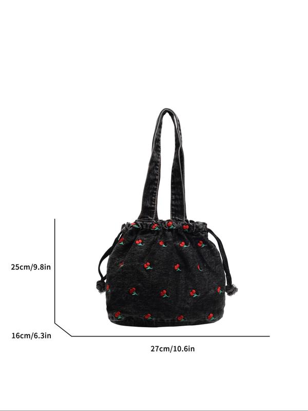 Women's Cherry Pattern Denim Shoulder Bag, Casual Large Capacity Tote Bag for Daily Used, Trendy All-match Bag for Commuters and Students