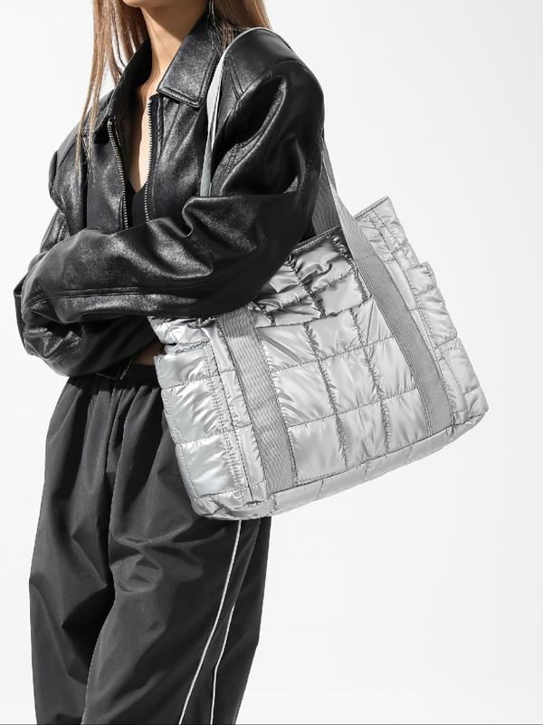 Women's Solid Color Quilted Puffer Tote Bag, Fashionable Large Capacity Shoulder Bag for Daily Commute, Casual Trendy Versatile High-quality Daily Commuting Bag