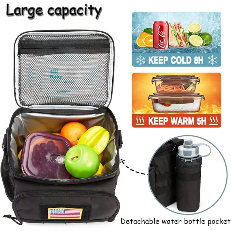 Lunch Bag for Men, Insulated Lunch Box Leakproof for Men Large Capacity with MOLLE Water Bottle Pouch Lunchbox for Adults for Work, Picnic(Black)