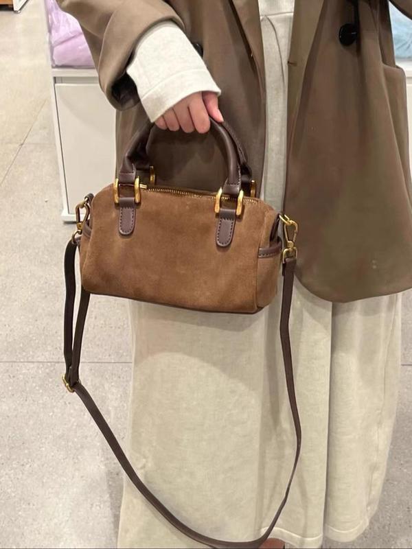 Women's Solid Color Flannelette Handbag, Fashionable Large Capacity Boston Bag for Work & Daily Used, Casual Trendy Versatile High-quality Daily Commuting Bag