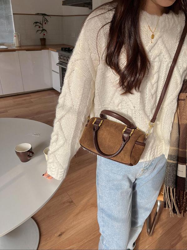 Women's Solid Color Flannelette Handbag, Fashionable Large Capacity Boston Bag for Work & Daily Used, Casual Trendy Versatile High-quality Daily Commuting Bag