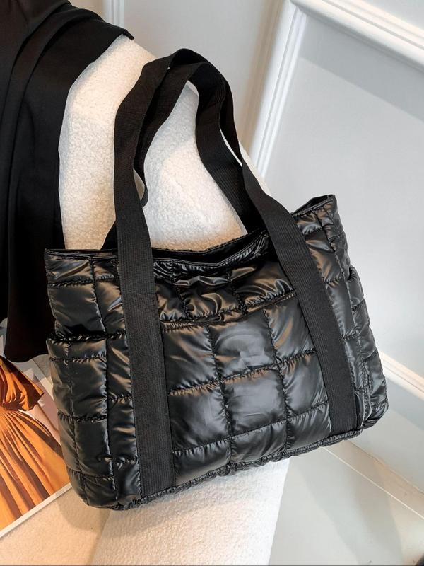 Women's Solid Color Quilted Puffer Tote Bag, Fashionable Large Capacity Shoulder Bag for Daily Commute, Casual Trendy Versatile High-quality Daily Commuting Bag