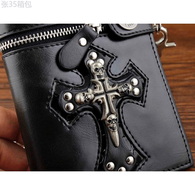 Vintage Black Leather Slim Fold Wallet with Punk Skulls Cross Design and Jeans Long Key Chain - PU Material