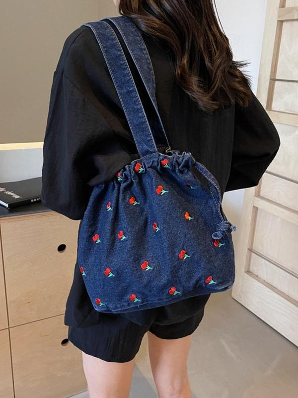 Women's Cherry Pattern Denim Shoulder Bag, Casual Large Capacity Tote Bag for Daily Used, Trendy All-match Bag for Commuters and Students