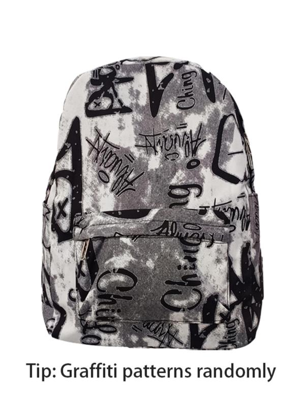Fashion Letter Random Graphic Print Nylon Backpack, Casual Large Capacity Student School Bag, Trendy Street Zipper Classic Backpack