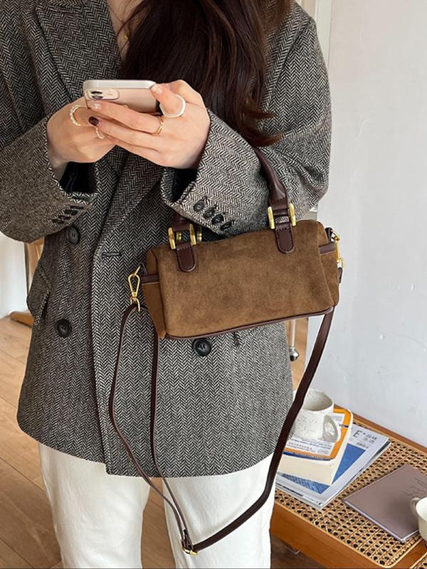 Women's Solid Color Flannelette Handbag, Fashionable Large Capacity Boston Bag for Work & Daily Used, Casual Trendy Versatile High-quality Daily Commuting Bag