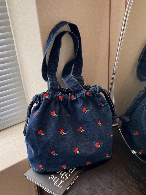 Women's Cherry Pattern Denim Shoulder Bag, Casual Large Capacity Tote Bag for Daily Used, Trendy All-match Bag for Commuters and Students