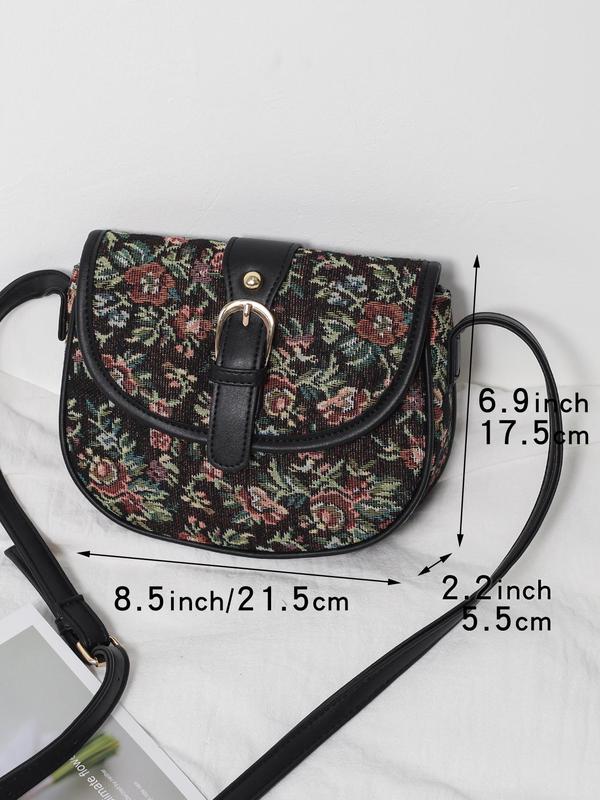 Women's Vintage Floral Pattern Contrast Binding Design Saddle Bag, Boho Style Crossbody Bag, Fashionable Bag for Daily Use