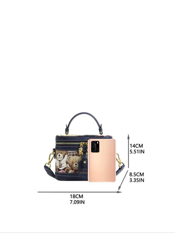 Fashionable Pu Leather Handbag, Cute Cartoon Bear Print Bucket Bag, with Adjustable Strap, Casual Trendy Versatile High-quality Daily Commuting Bag