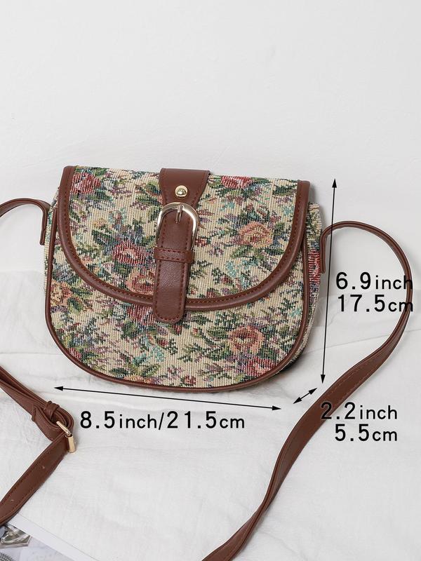 Women's Vintage Floral Pattern Contrast Binding Design Saddle Bag, Boho Style Crossbody Bag, Fashionable Bag for Daily Use