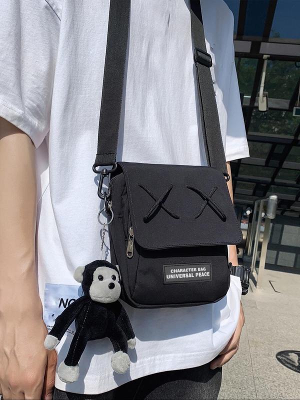 Men's Street Trend Letter Patched Design Crossbody Bag, Fashionable Bag with Stuffed Doll Charm, Casual Versatile Shoulder Bag for Daily Used