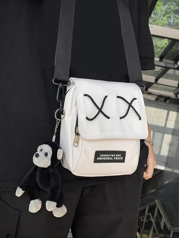 Men's Street Trend Letter Patched Design Crossbody Bag, Fashionable Bag with Stuffed Doll Charm, Casual Versatile Shoulder Bag for Daily Used